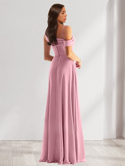 Robe de Demoiselle d'Honneur En Mousseline de Soie à Col Bénitier Sans Manches et Longueur Au Sol avec Fente Sur Le Côté