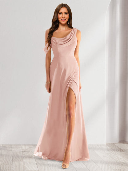Robe de Demoiselle d'Honneur En Mousseline de Soie à Col Bénitier Sans Manches et Longueur Au Sol avec Fente Sur Le Côté