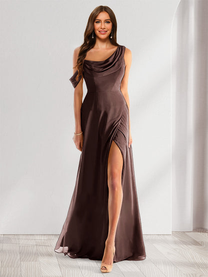 Robe de Demoiselle d'Honneur En Mousseline de Soie à Col Bénitier Sans Manches et Longueur Au Sol avec Fente Sur Le Côté