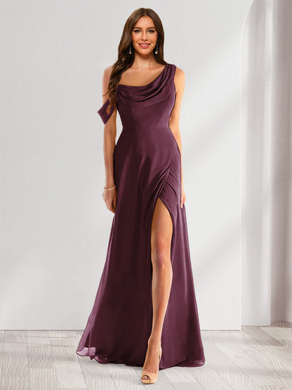 Robe de Demoiselle d'Honneur En Mousseline de Soie à Col Bénitier Sans Manches et Longueur Au Sol avec Fente Sur Le Côté