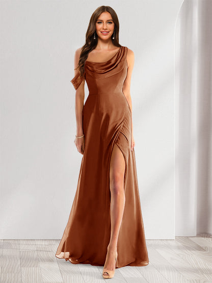 Robe de Demoiselle d'Honneur En Mousseline de Soie à Col Bénitier Sans Manches et Longueur Au Sol avec Fente Sur Le Côté