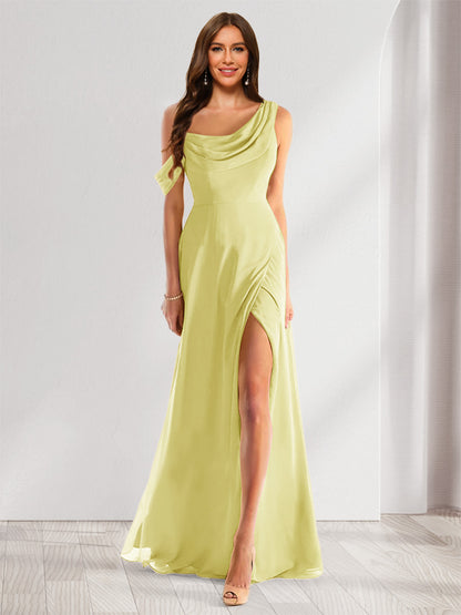 Robe de Demoiselle d'Honneur En Mousseline de Soie à Col Bénitier Sans Manches et Longueur Au Sol avec Fente Sur Le Côté