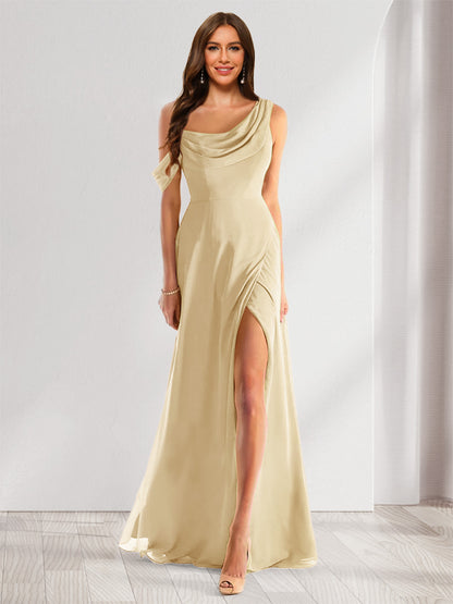 Robe de Demoiselle d'Honneur En Mousseline de Soie à Col Bénitier Sans Manches et Longueur Au Sol avec Fente Sur Le Côté