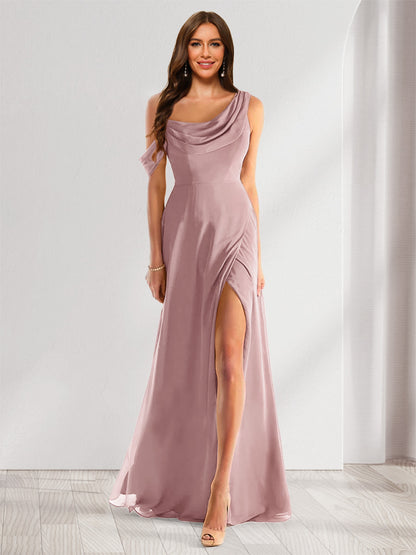 Robe de Demoiselle d'Honneur En Mousseline de Soie à Col Bénitier Sans Manches et Longueur Au Sol avec Fente Sur Le Côté
