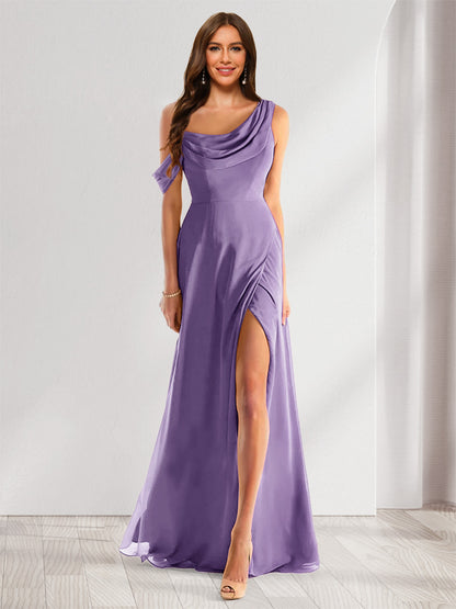 Robe de Demoiselle d'Honneur En Mousseline de Soie à Col Bénitier Sans Manches et Longueur Au Sol avec Fente Sur Le Côté