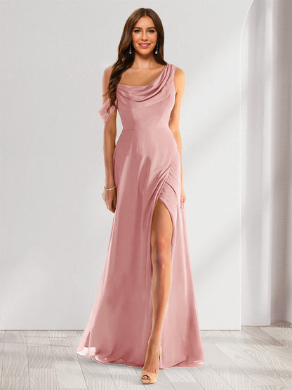Robe de Demoiselle d'Honneur En Mousseline de Soie à Col Bénitier Sans Manches et Longueur Au Sol avec Fente Sur Le Côté