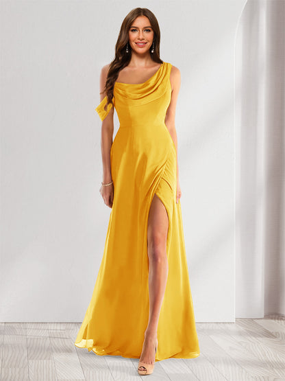 Robe de Demoiselle d'Honneur En Mousseline de Soie à Col Bénitier Sans Manches et Longueur Au Sol avec Fente Sur Le Côté