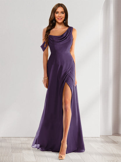 Robe de Demoiselle d'Honneur En Mousseline de Soie à Col Bénitier Sans Manches et Longueur Au Sol avec Fente Sur Le Côté
