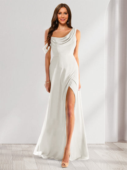 Robe de Demoiselle d'Honneur En Mousseline de Soie à Col Bénitier Sans Manches et Longueur Au Sol avec Fente Sur Le Côté