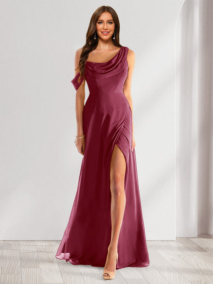 Robe de Demoiselle d'Honneur En Mousseline de Soie à Col Bénitier Sans Manches et Longueur Au Sol avec Fente Sur Le Côté