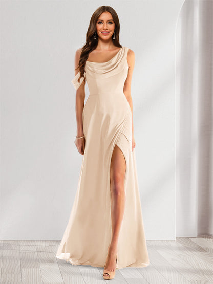Robe de Demoiselle d'Honneur En Mousseline de Soie à Col Bénitier Sans Manches et Longueur Au Sol avec Fente Sur Le Côté
