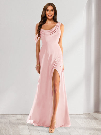 Robe de Demoiselle d'Honneur En Mousseline de Soie à Col Bénitier Sans Manches et Longueur Au Sol avec Fente Sur Le Côté