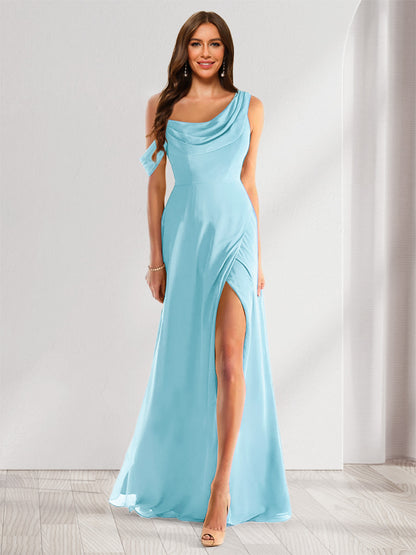 Robe de Demoiselle d'Honneur En Mousseline de Soie à Col Bénitier Sans Manches et Longueur Au Sol avec Fente Sur Le Côté