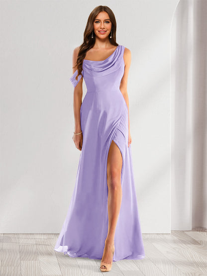 Robe de Demoiselle d'Honneur En Mousseline de Soie à Col Bénitier Sans Manches et Longueur Au Sol avec Fente Sur Le Côté