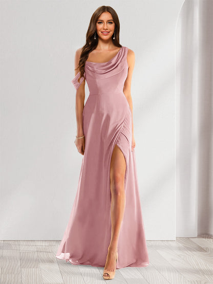 Robe de Demoiselle d'Honneur En Mousseline de Soie à Col Bénitier Sans Manches et Longueur Au Sol avec Fente Sur Le Côté