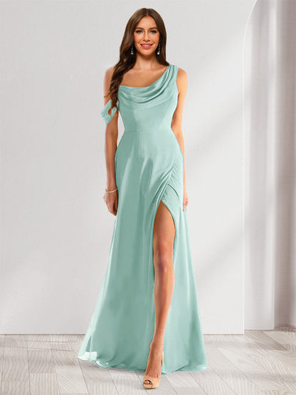 Robe de Demoiselle d'Honneur En Mousseline de Soie à Col Bénitier Sans Manches et Longueur Au Sol avec Fente Sur Le Côté