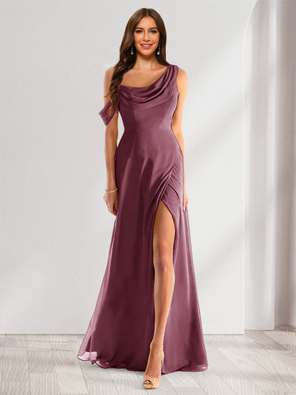 Robe de Demoiselle d'Honneur En Mousseline de Soie à Col Bénitier Sans Manches et Longueur Au Sol avec Fente Sur Le Côté