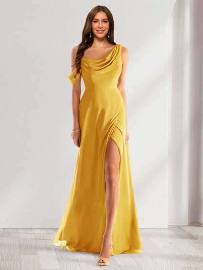 Robe de Demoiselle d'Honneur En Mousseline de Soie à Col Bénitier Sans Manches et Longueur Au Sol avec Fente Sur Le Côté