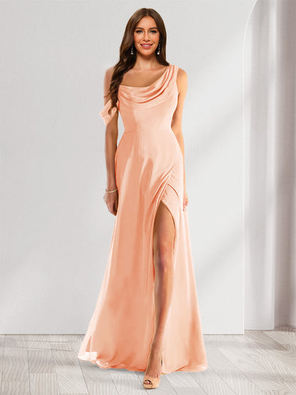Robe de Demoiselle d'Honneur En Mousseline de Soie à Col Bénitier Sans Manches et Longueur Au Sol avec Fente Sur Le Côté