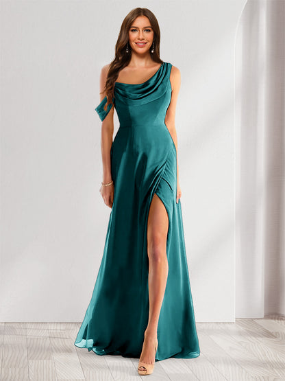 Robe de Demoiselle d'Honneur En Mousseline de Soie à Col Bénitier Sans Manches et Longueur Au Sol avec Fente Sur Le Côté