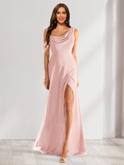 Robe de Demoiselle d'Honneur En Mousseline de Soie à Col Bénitier Sans Manches et Longueur Au Sol avec Fente Sur Le Côté