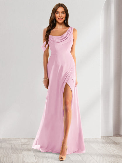 Robe de Demoiselle d'Honneur En Mousseline de Soie à Col Bénitier Sans Manches et Longueur Au Sol avec Fente Sur Le Côté