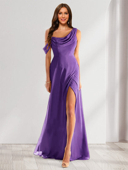 Robe de Demoiselle d'Honneur En Mousseline de Soie à Col Bénitier Sans Manches et Longueur Au Sol avec Fente Sur Le Côté