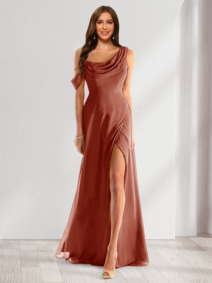 Robe de Demoiselle d'Honneur En Mousseline de Soie à Col Bénitier Sans Manches et Longueur Au Sol avec Fente Sur Le Côté