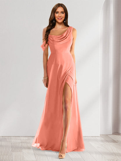 Robe de Demoiselle d'Honneur En Mousseline de Soie à Col Bénitier Sans Manches et Longueur Au Sol avec Fente Sur Le Côté