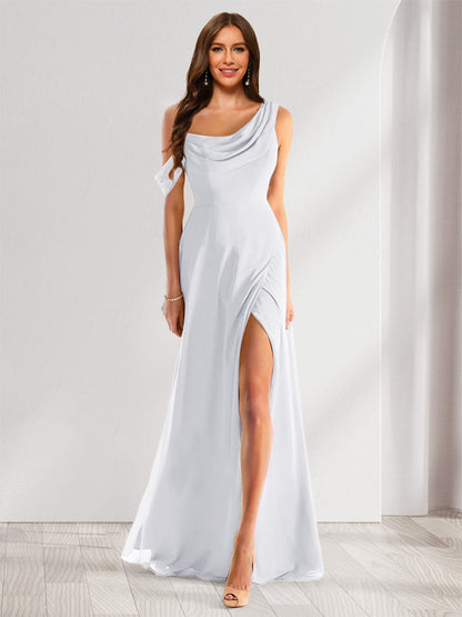 Robe de Demoiselle d'Honneur En Mousseline de Soie à Col Bénitier Sans Manches et Longueur Au Sol avec Fente Sur Le Côté