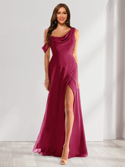 Robe de Demoiselle d'Honneur En Mousseline de Soie à Col Bénitier Sans Manches et Longueur Au Sol avec Fente Sur Le Côté