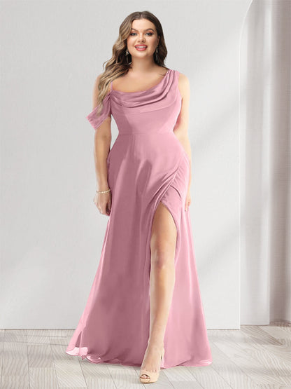 Robe de Demoiselled'Honneur Grande Taille, en Mousseline, Sans Manches, Col Bénitier, Longueur au Sol avec Fente Latérale