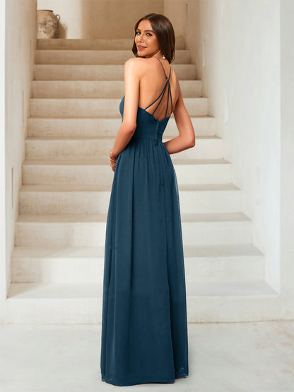 Robe de Demoiselle d'Honneur En Mousseline de Soie Froncée Coupe A-Line/Princess Sans Manches Longueur Au Sol