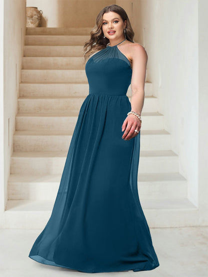 Robe de Demoiselled'Honneur Grande Taille, Coupe Trapèze/Princesse, Col Licou, Sans Manches, Longueur au Sol, en Mousseline Froncée