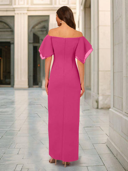 Robes de Demoiselled'Honneur Fourreau/Colonne à Épaules Dénudées et Manches Courtes avec Fente Latérale
