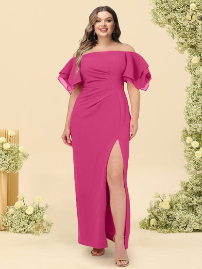 Robe de Demoiselled'Honneur Grande Taille, Fourreau/Colonne, Épaules Dénudées, Manches Courtes avec Fente Latérale