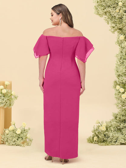 Robe de Demoiselled'Honneur Grande Taille, Fourreau/Colonne, Épaules Dénudées, Manches Courtes avec Fente Latérale