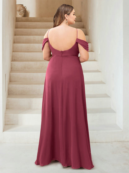 Robe de Demoiselle d'Honneur En Mousseline de Soie à Col Bénitier et Longueur Au Sol Coupe A-Line/Princess Grande Taille avec Fente Sur Le Côté