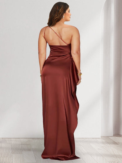 Robe de Demoiselled'Honneur Grande Taille, Fourreau/Colonne, Asymétrique, Sans Manches, Longueur au Sol avec Fente Latérale