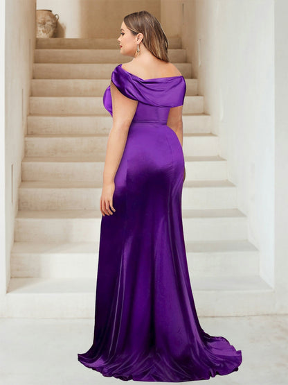 Robe de Demoiselle d'Honneur Sirène à Épaules Dénudées avec Traîne et Fente Sur Le Côté et Volants