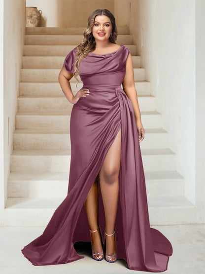 Robe de Demoiselle d'Honneur Sirène à Épaules Dénudées avec Traîne et Fente Sur Le Côté et Volants