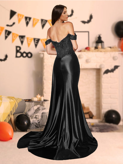 Robe d'Halloween Sirène à Épaules Dénudées et Traîne à Paillettes avec Fente Sur Le Côté