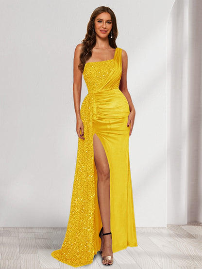 Robe de Soirée Fourreau/Colonne En Velours à Une Épaule et Longueur Au Sol avec Paillettes et Côté Fendu