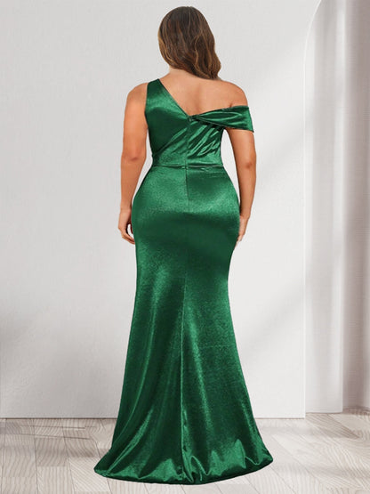 Robe de Demoiselled'Honneur Grande Taille, Coupe Fourreau/Colonne, Col en V, Sans Manches, Longueur au Sol, en Satin Froncé avec Fente Latérale