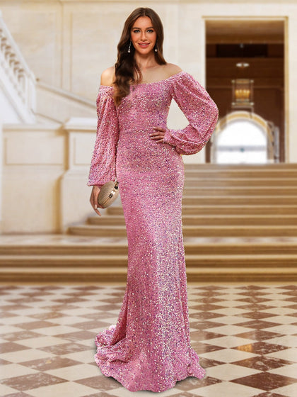 Robe de Soirée Fourreau/Colonne à Épaules Dénudées et Manches Longues avec Traîne