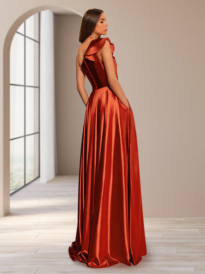 Robe de Soirée Trapèze/Princesse Asymétrique Sans Manches Longueur Au Sol Froncée avec Fente Latérale