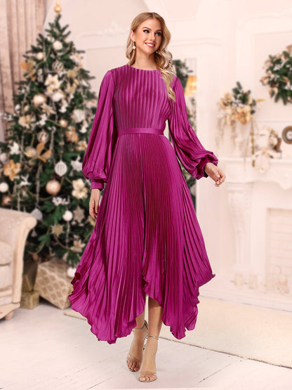 Robe de Noël Trapèze/Princesse à Col Rond et Longueur Cheville avec Plis et Ceinture