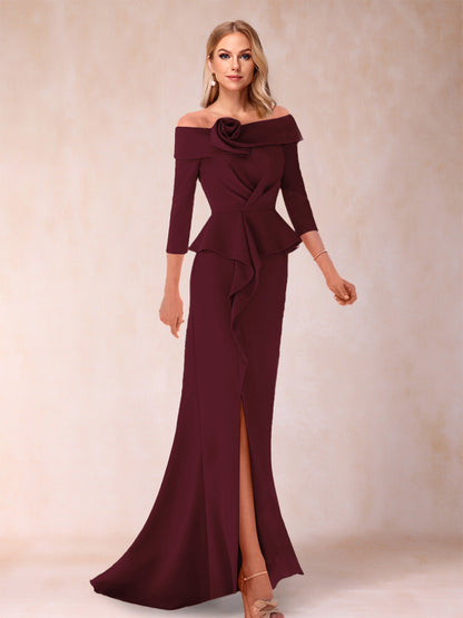 Robe de Mère de la Mariée Fourreau/Colonne à Épaules Dénudées et Longueur Au Sol avec Volants et Côté Fendu