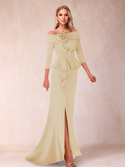Robe de Mère de la Mariée Fourreau/Colonne à Épaules Dénudées et Longueur Au Sol avec Volants et Côté Fendu