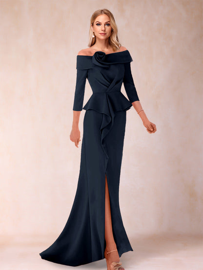 Robe de Mère de la Mariée Fourreau/Colonne à Épaules Dénudées et Longueur Au Sol avec Volants et Côté Fendu